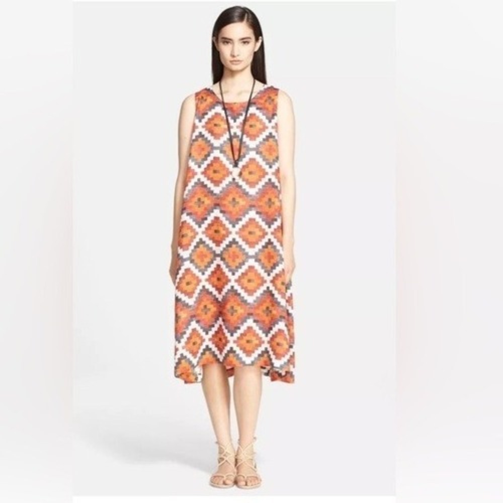 Eskandar Mughal Tile Linen Midi Dress Sleeveless Size‎ 1 (US S) Geometric Print
